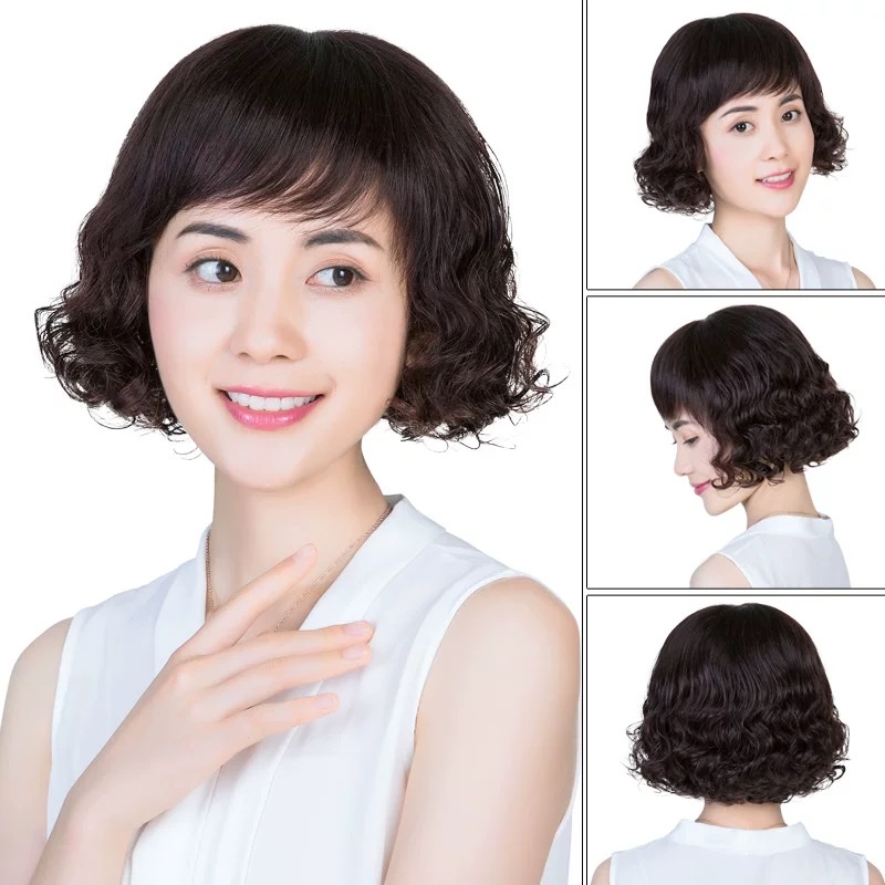 Wig, real hair, full real human hair, Mom short curly hair wig set, real human hair full head set, natural 2021 new style 10 details Picture