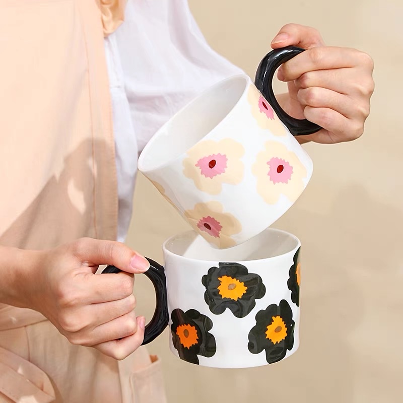 陶瓷马克杯高颜值大容量水杯抽象花朵大耳朵把手早餐杯燕麦牛奶杯鹏艺023