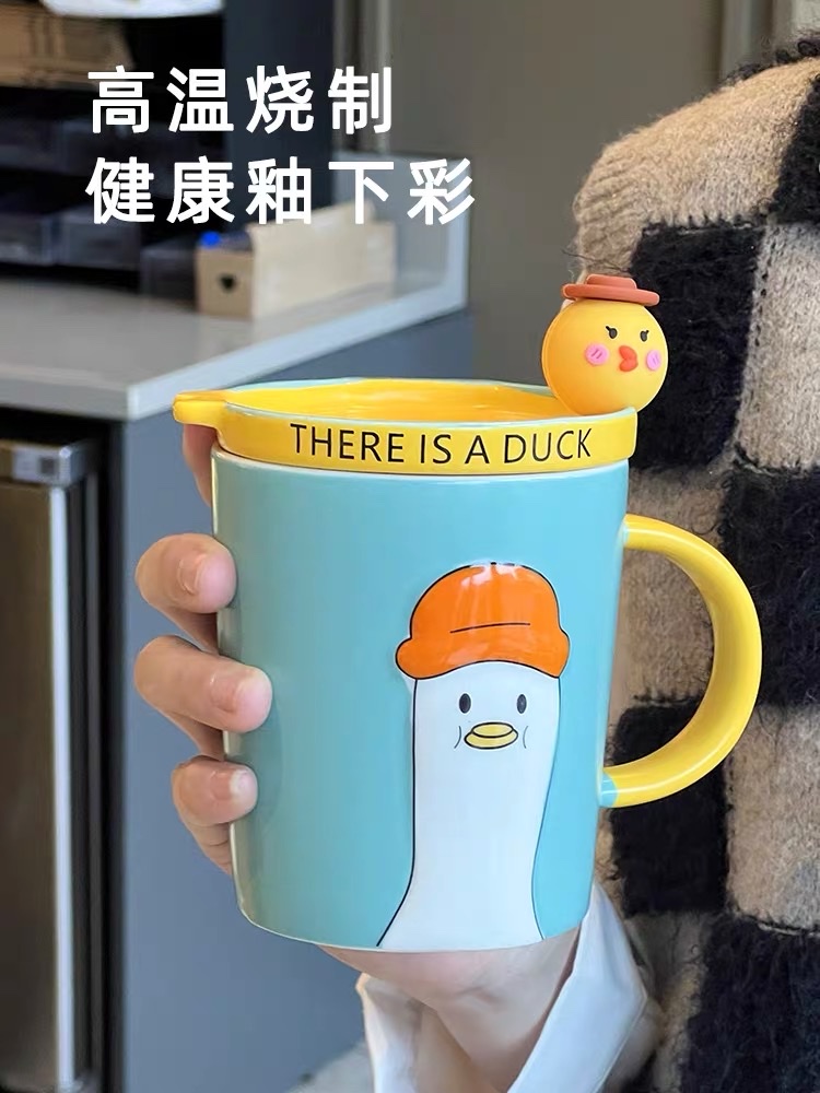 马克杯带盖带勺子情侣办公室水杯陶瓷杯可爱设计感女家用咖啡杯子鹏艺06