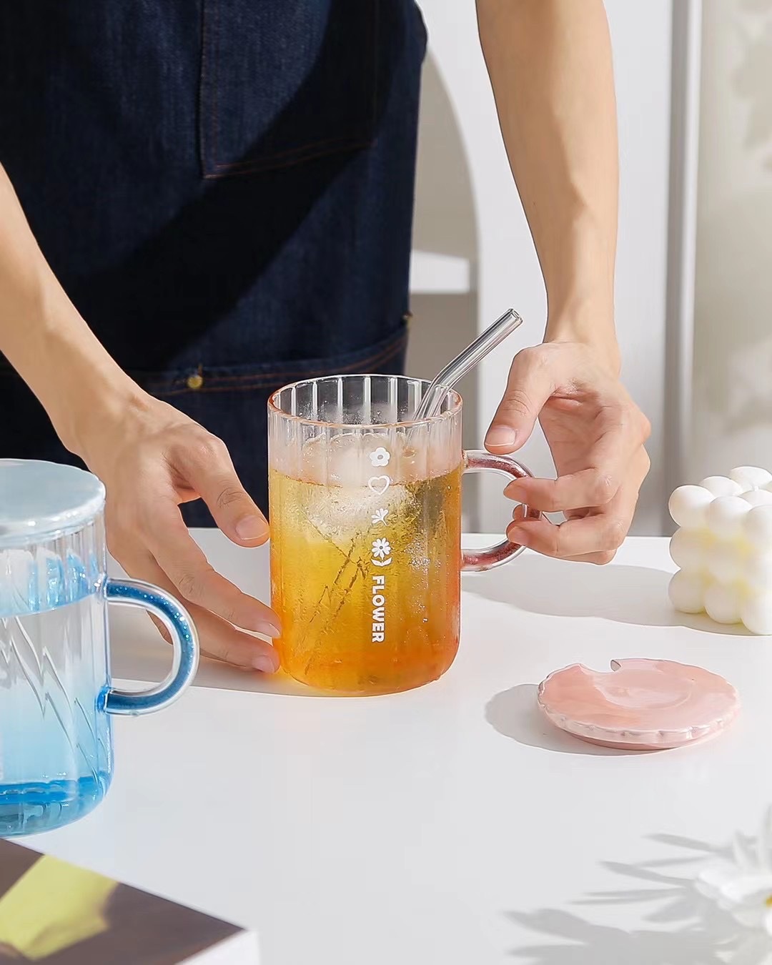 玻璃杯/带盖杯子/可爱杯子产品图