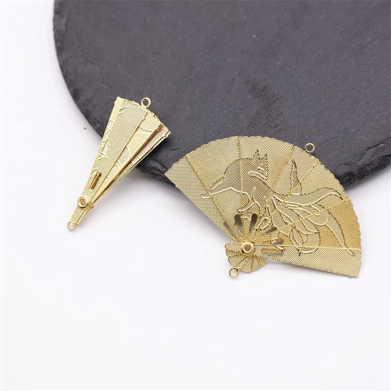 保色纯铜35*45mm折扇双吊吊牌diy古风发簪步摇流苏衔接材料1