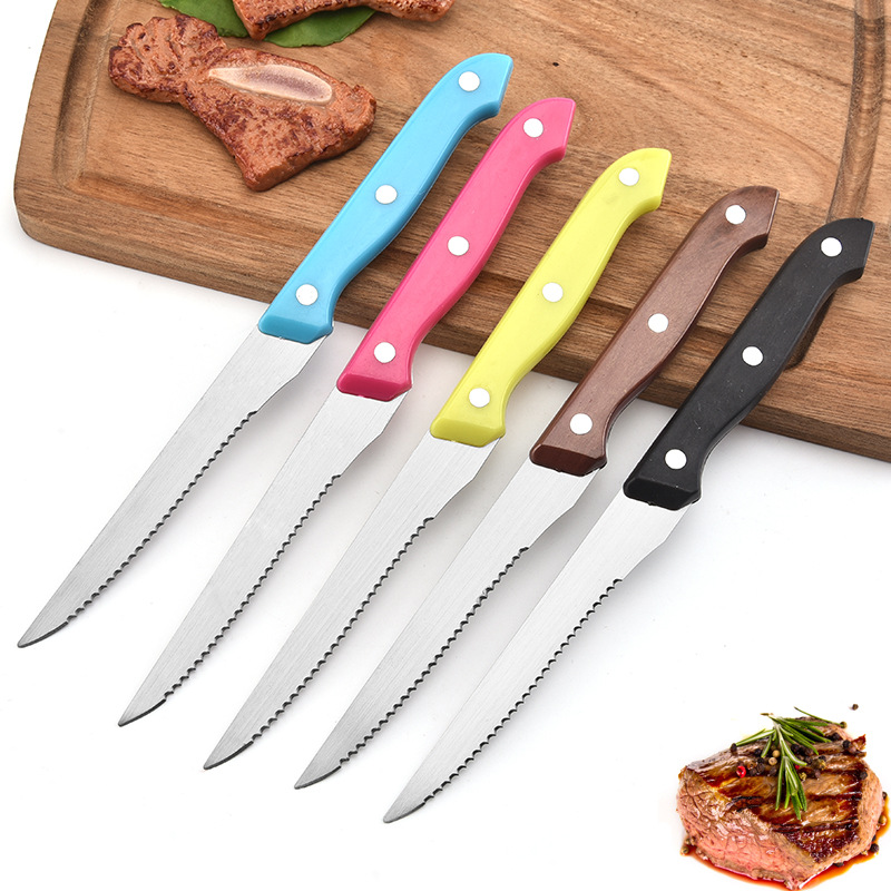 Stainless steel steak knife, serrated knife, colorful bread knife, steak cutter, creative Western-style table knife, kitchen knives