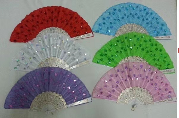 白杆彩布亮片,白色烫金架子，扇面带亮片，多色混