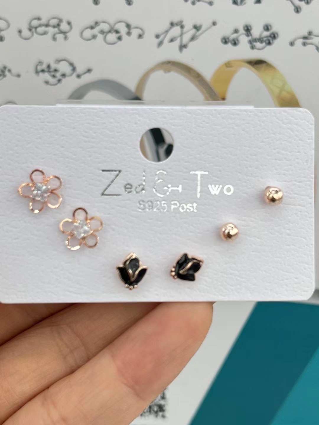 Three pairs of flower-shaped ear studs in a trendy style, New European Fashion, New European Fashion, New European fashion
