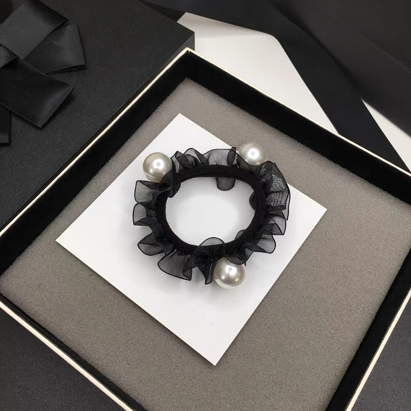 珍珠网纱荷叶边皮筋发圈黑色扎丸子头皮套头绳钉珍珠发绳扎马尾