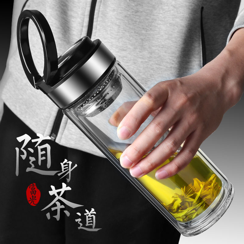 大容量玻璃杯泡茶杯单双层水杯加厚底便携提环办公家用车载杯细节图