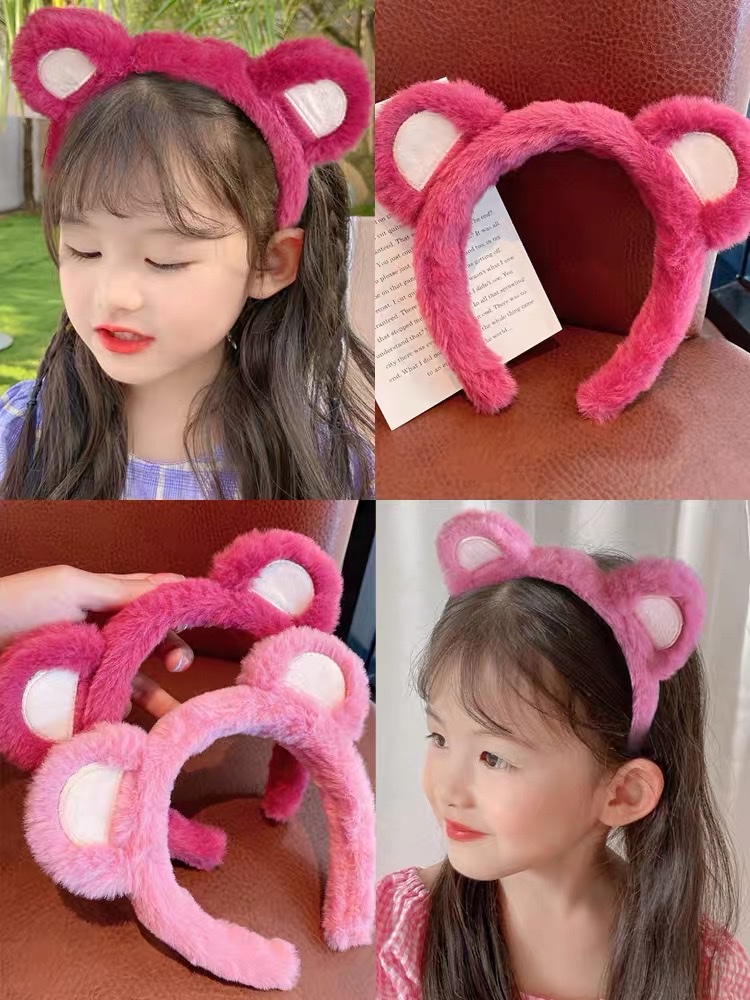Cute strawberry bear hair band for girls, autumn little girl plush hair band for tying and pressing hair, warm headband, children's hair bundle