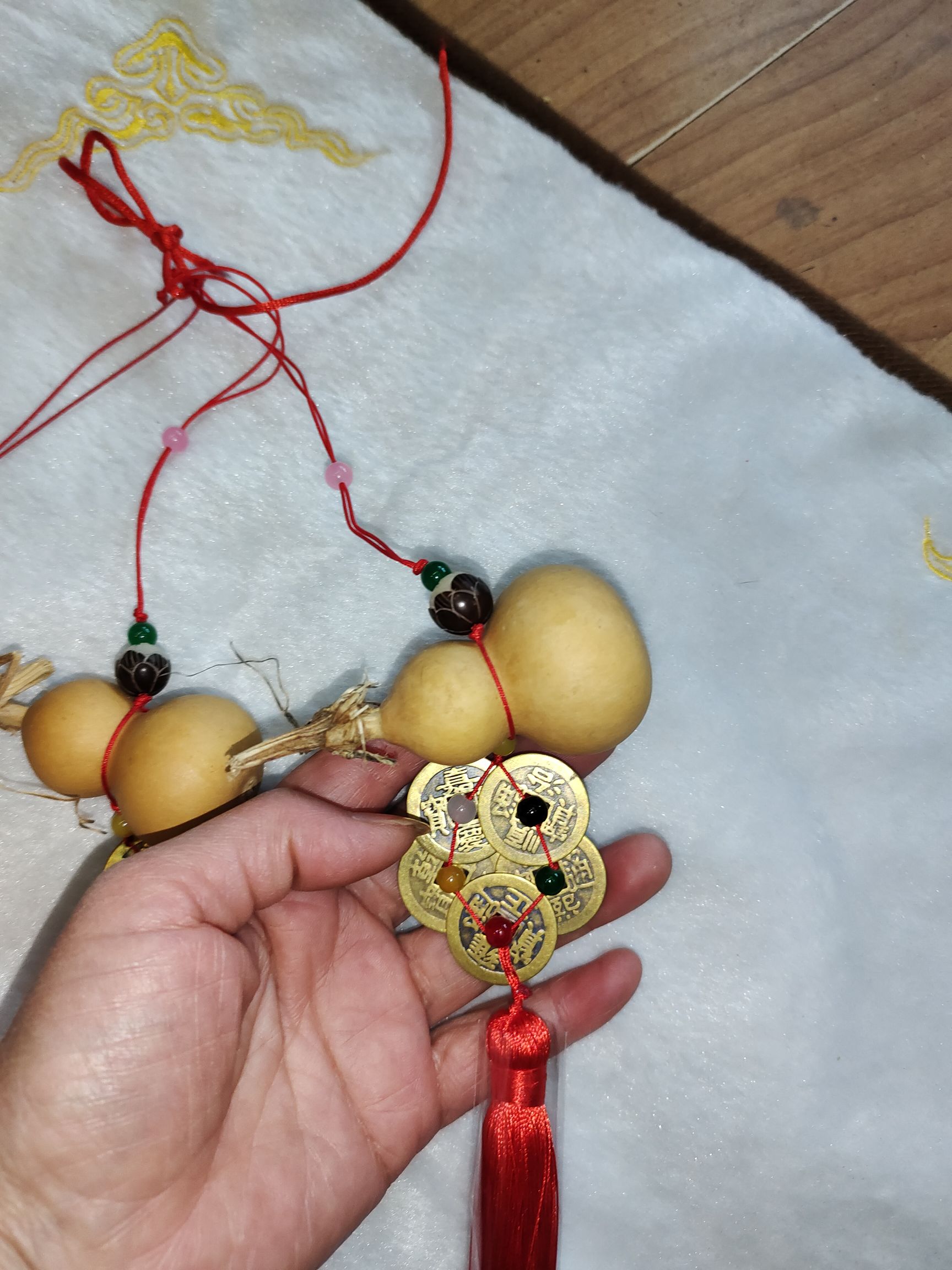 天然白皮手捻葫芦上吊菩提莲花下挂五行五帝钱，丰明葫芦工艺PW3326