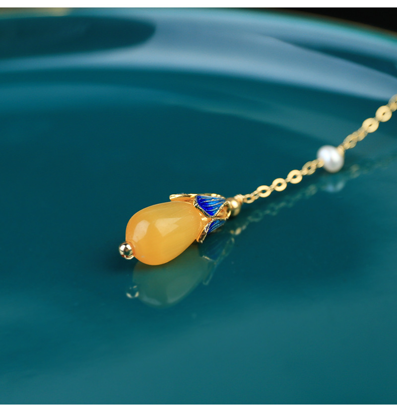 Handmade jewelry, romantic and artistic, ancient style enamel green, Dongling jade yellow crystal earrings, long pearl earrings detail image 8