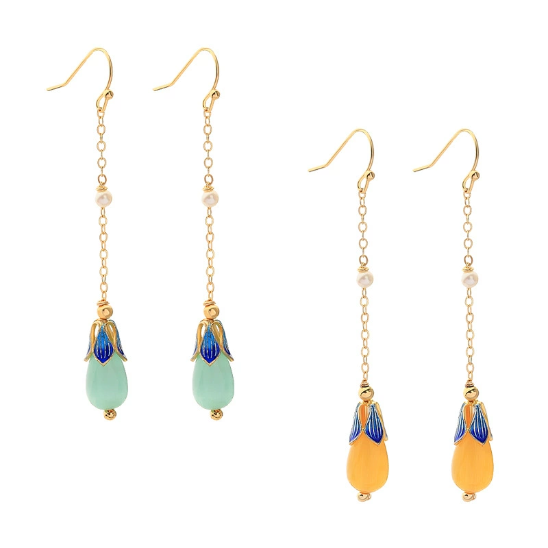 Handmade jewelry, romantic and artistic, ancient style enamel green, Dongling jade yellow crystal earrings, long pearl earrings detail image 6