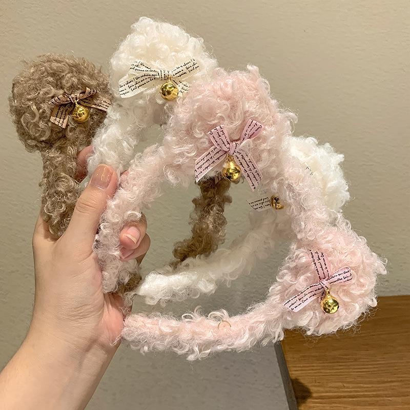 秋冬毛绒小铃铛发箍羊羔毛小熊耳朵可爱蝴蝶结头箍超萌洗脸头饰优优饰品