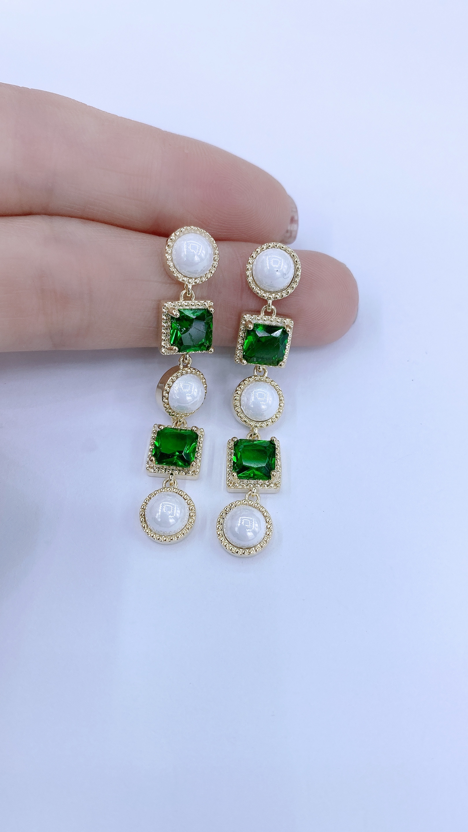 圆珍珠绿方锆石长款耳环 大气灵动轻奢潮流耳环耳钉