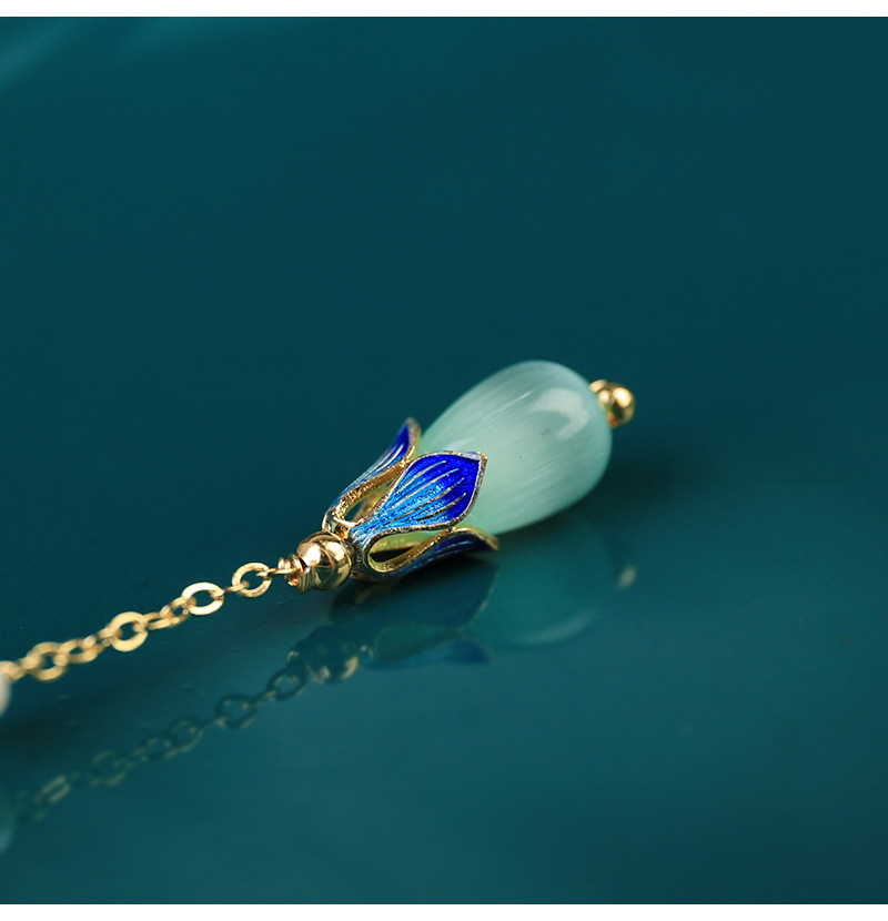 Handmade jewelry, romantic and artistic, ancient style enamel green, Dongling jade yellow crystal earrings, long pearl earrings detail image 9