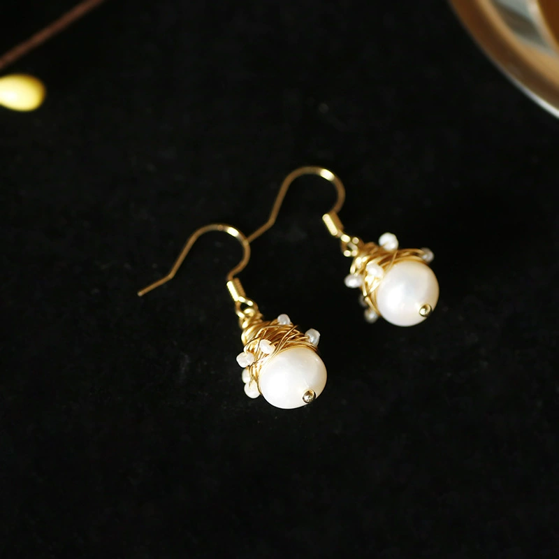 饰品批发14K镀真金淡水 珍珠手作缠绕个性网红耳环 详情图4