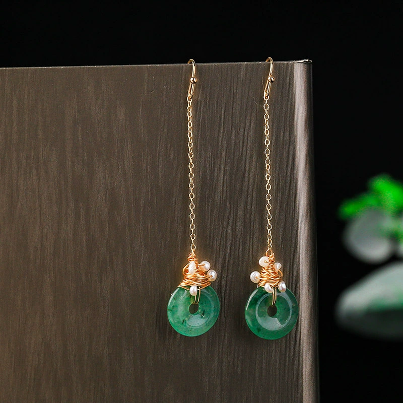 Factory direct sales of 14K gold-plated fashionable safety stud earrings and green Dongling original stone chain earrings detail image 4