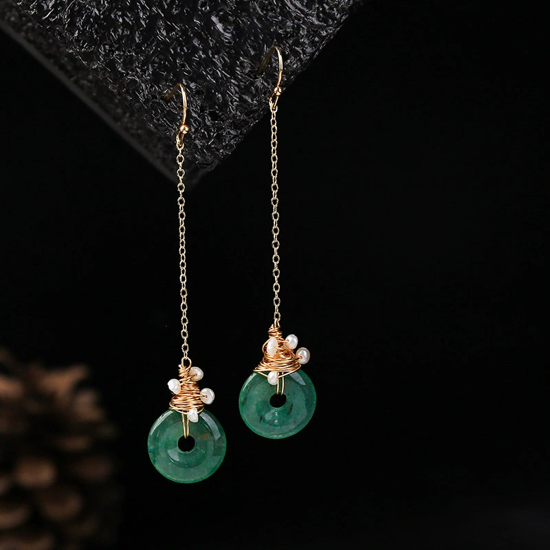 Factory direct sales of 14K gold-plated fashionable safety stud earrings and green Dongling original stone chain earrings detail image 3