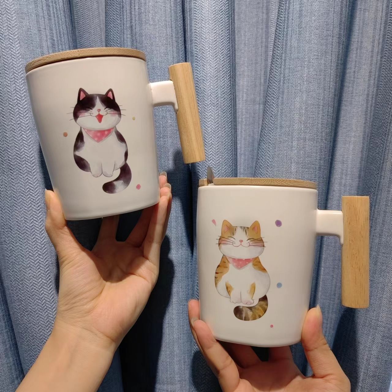 Mugs with LIDS, ceramic cups as souvenirs, water cups with wooden handles, water cup gifts Specification image