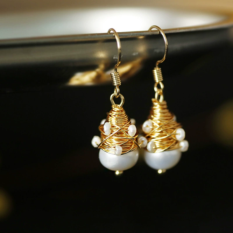 饰品批发14K镀真金淡水 珍珠手作缠绕个性网红耳环 详情图5