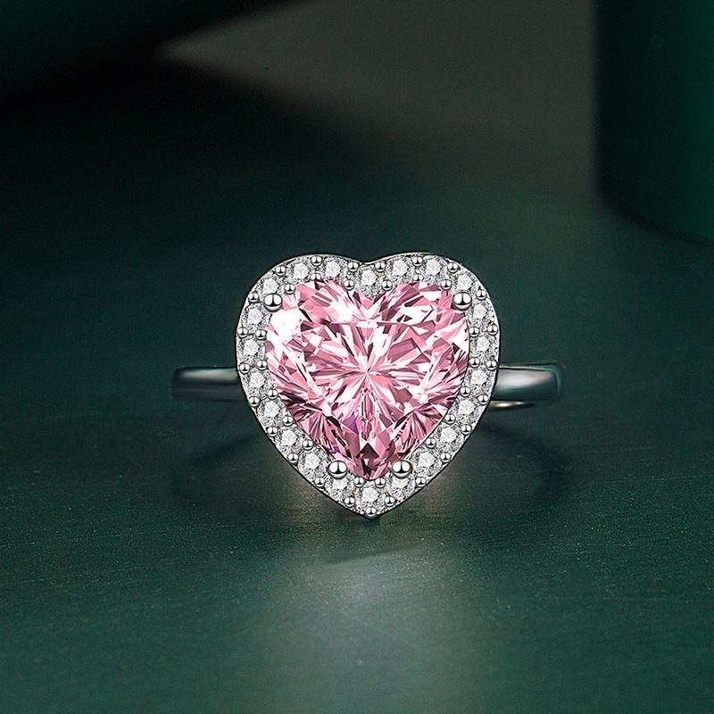 s925纯银粉色爱心活口情侣戒指心形满钻莫桑石送朋友老婆生日礼物