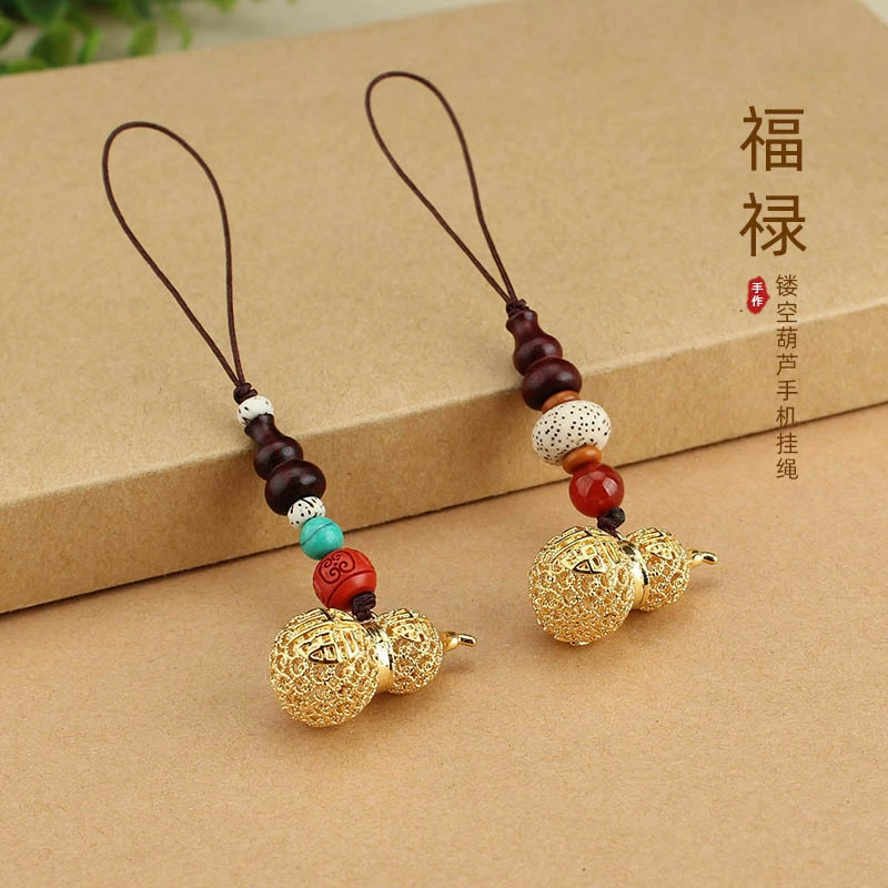 中国风沙金葫芦手机挂绳檀木葫芦手机链挂坠复古手机饰品挂链男女 