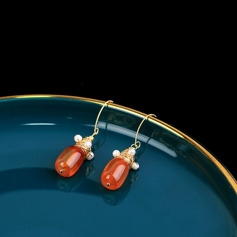 Original design jewelry, court retro red agate ear hook, women's freshwater pearl handcrafted copper wire wound earrings Specification image