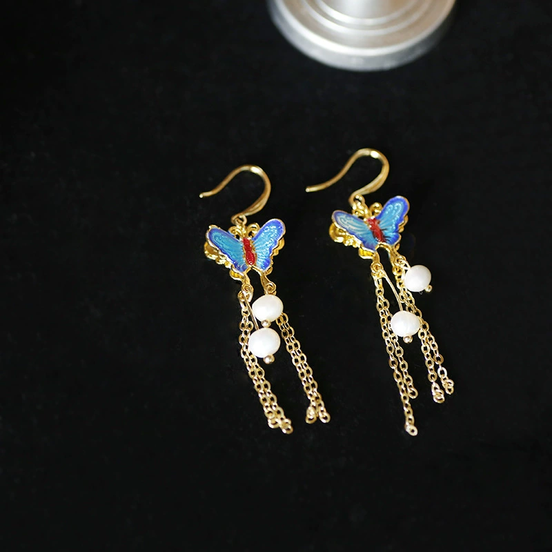 Original Chinese-style popular jewelry: Double-sided butterfly freshwater pearl 14k real gold long, elegant and cute women's earrings details Picture