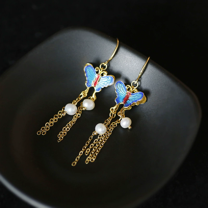 Original Chinese-style popular jewelry: Double-sided butterfly freshwater pearl 14k real gold long, elegant and cute women's earrings Specification image