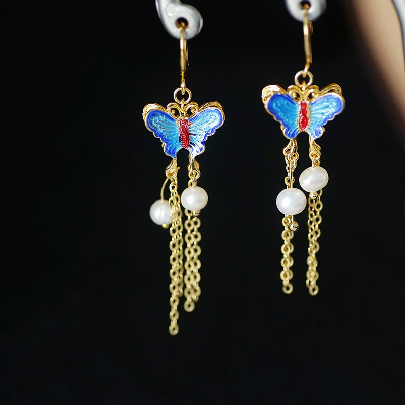Original Chinese-style popular jewelry: Double-sided butterfly freshwater pearl 14k real gold long, elegant and cute women's earrings