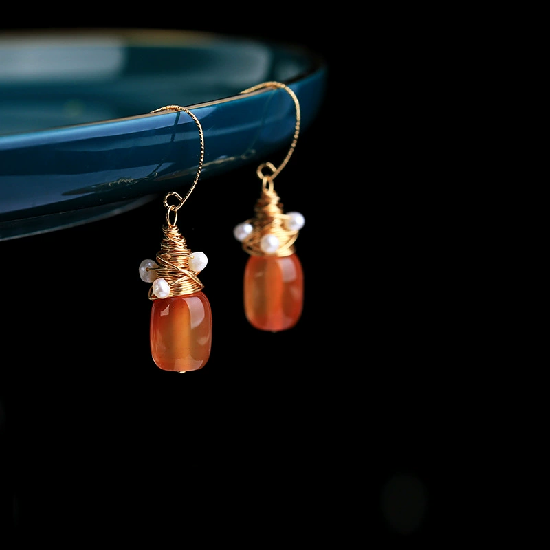Original design jewelry, court retro red agate ear hook, women's freshwater pearl handcrafted copper wire wound earrings