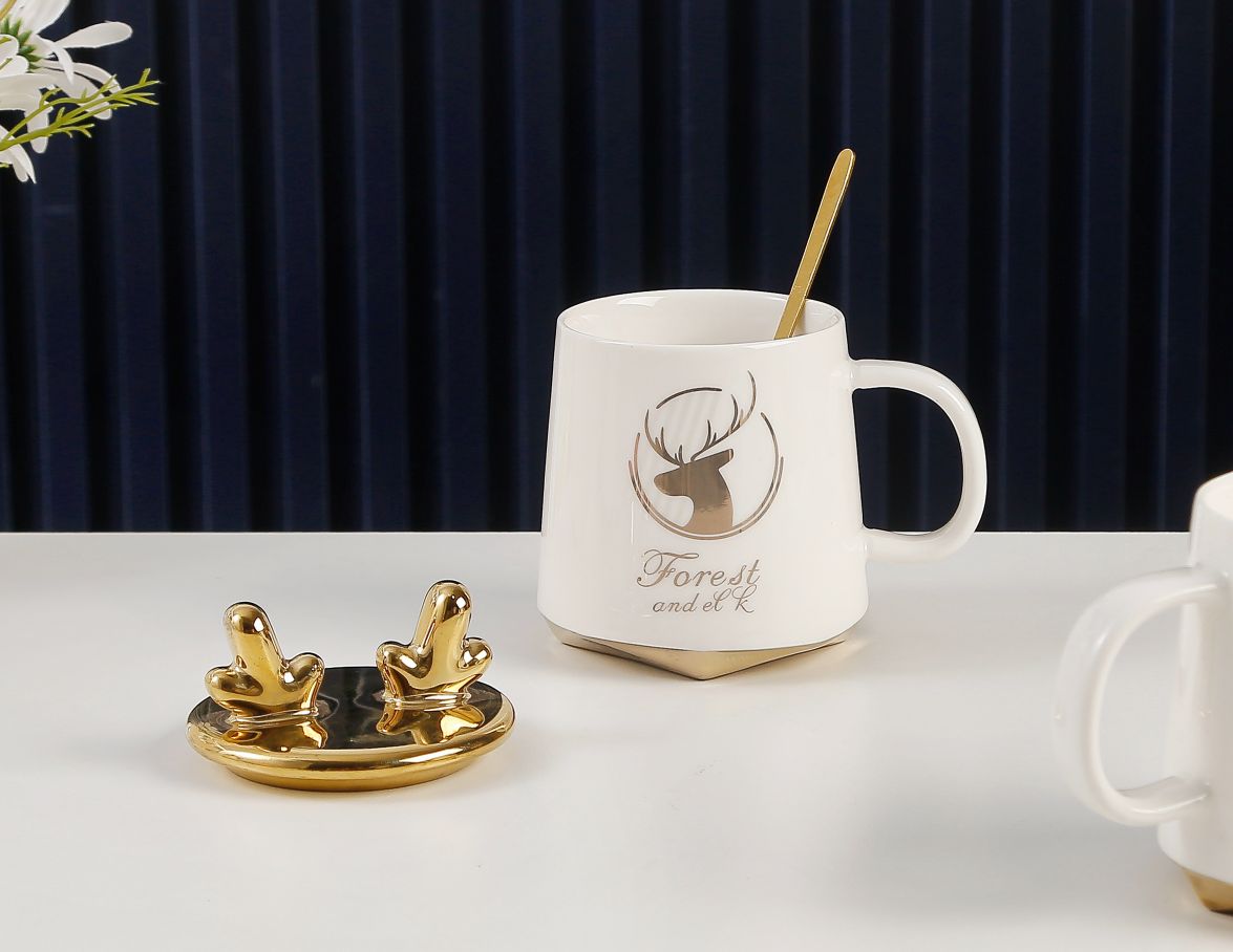 ins Nordic couple's simple antler ceramic cups, mugs, large-capacity breakfast milk cups, tea cups, and complimentary lid spoons detail image 2