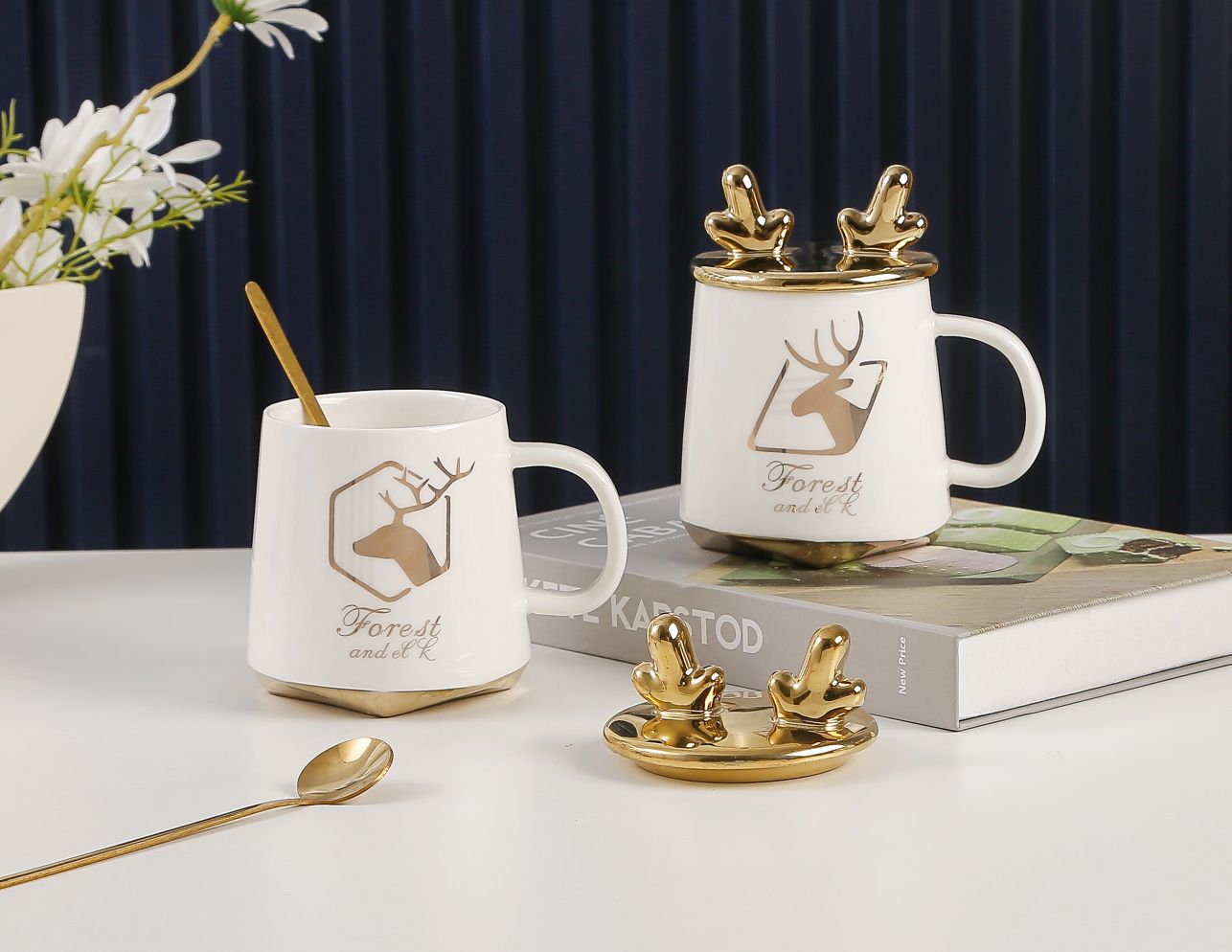 ins Nordic couple's simple deer antler ceramic cups, mugs, large-capacity breakfast milk cups, tea cups detail image 2