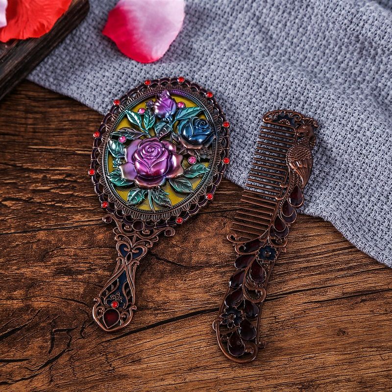 Retro handle small mirror metal hollowed-out gift mirror Specification image