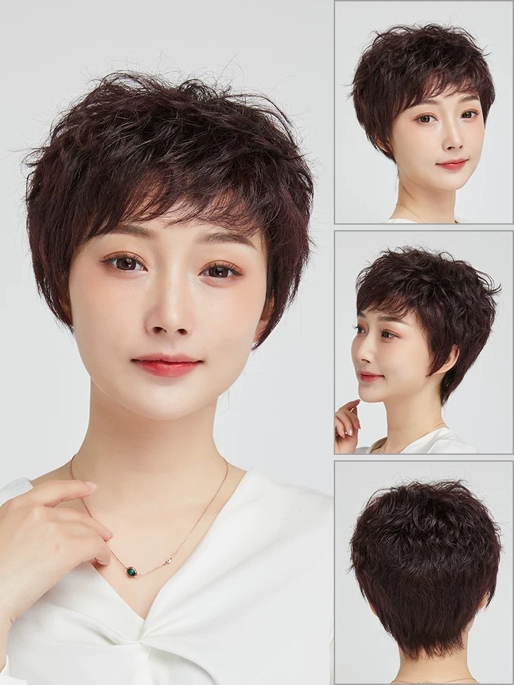 假发女短发短卷发真人发丝中老年妈妈女士蓬松全真发假发女全头套5