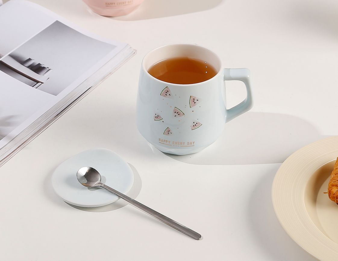Mug with lid, spoon, office high appearance level cup, girls' home ceramic coffee water cup, souvenir details Picture