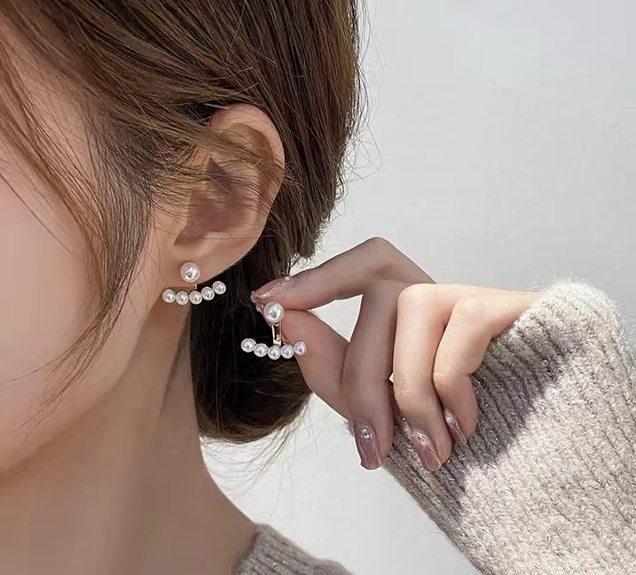 Pearl front and back earrings, silver needle anti-allergy jewelry, CAI Ni accessory model 021