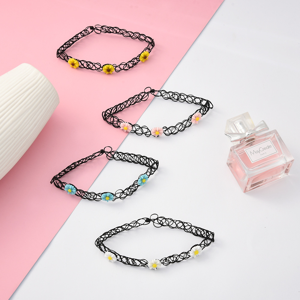 日本原宿双边鱼线编织项链 复古仿纹身七彩小雏菊锁骨链厂家直供 详情图5