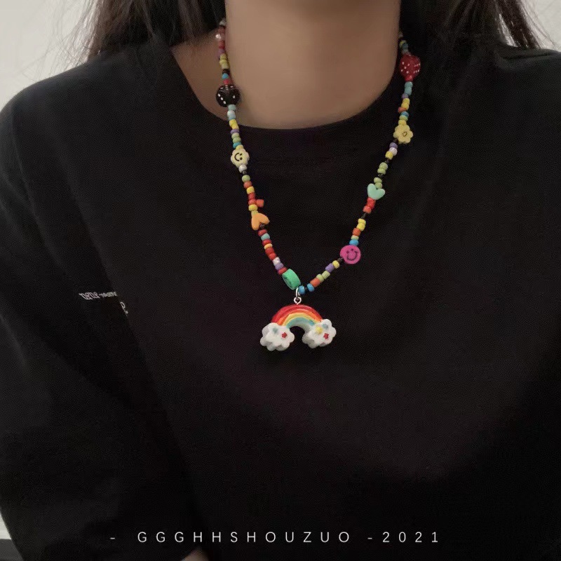 Internet-famous best-selling accessories: rice bead necklace, hip-hop dice smiley face, collarbone chain, female rainbow monster pendant, Korean version jewelry, Yuzu ear Specification image