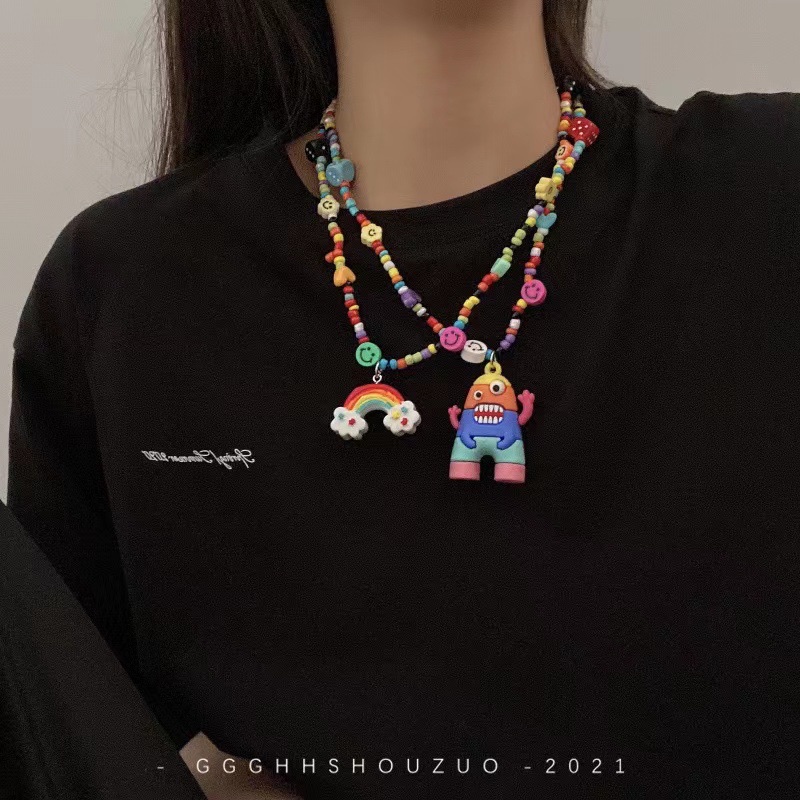 Internet-famous best-selling accessories: rice bead necklace, hip-hop dice smiley face, collarbone chain, female rainbow monster pendant, Korean version jewelry, Yuzu ear details Picture