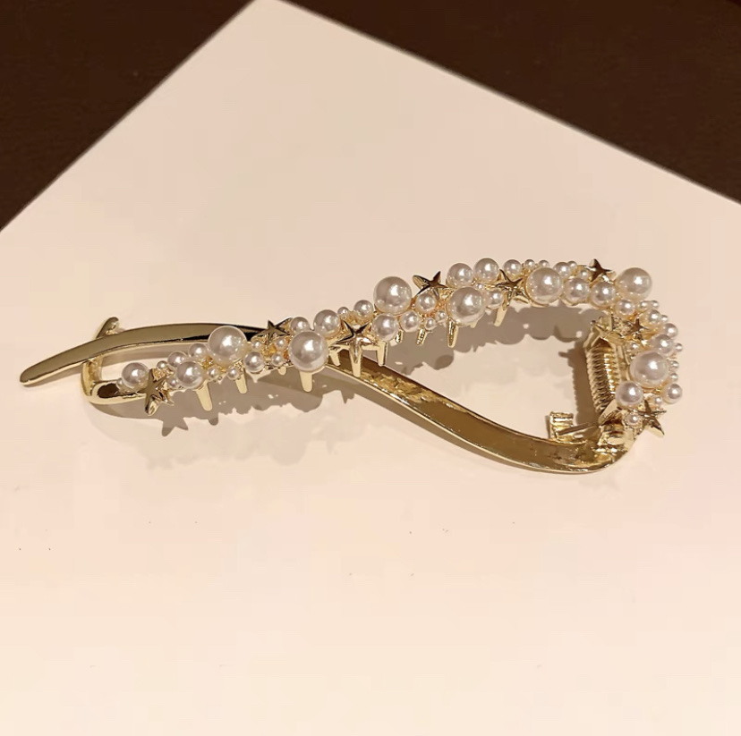 Super shiny, full of diamonds, pearl style, arc-shaped metal straight clip hair clip, large back head twist clip frog buckle hair clip