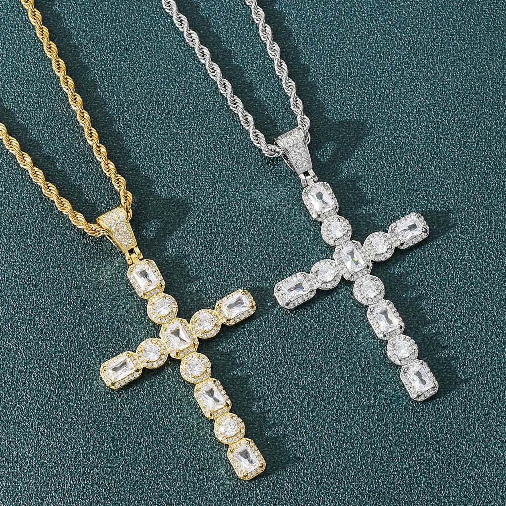 European and American hip-hop square zircon cross pendant, a trendy accessory for men and hip-hop artists Item Picture