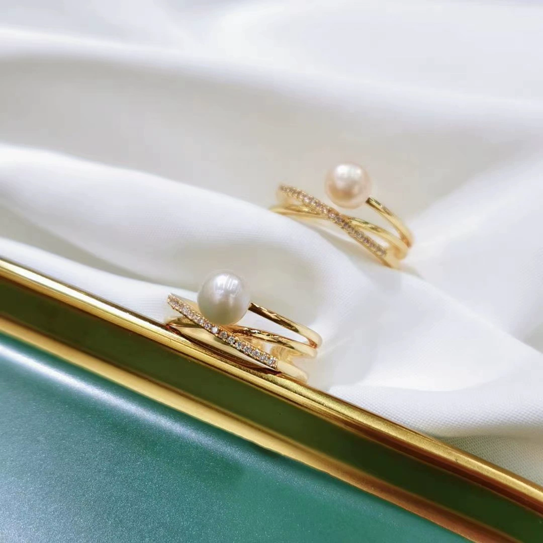 The new Korean version natural freshwater pearl ring is fashionable and versatile. It is a lucky micro-set 14k gold handcrafted open ring details Picture