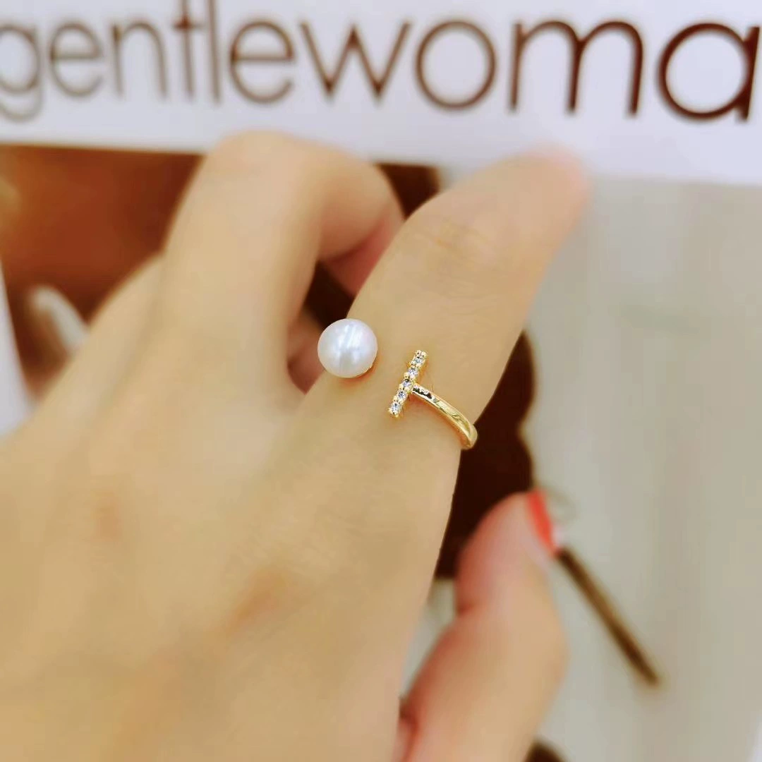 New natural freshwater pearl ring, fashionable and versatile, micro-set one-line 14k gold handcrafted open ring wholesale Specification image