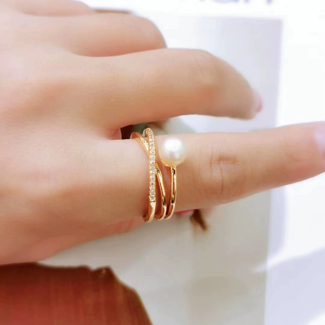 The new Korean version natural freshwater pearl ring is fashionable and versatile. It is a lucky micro-set 14k gold handcrafted open ring Specification image