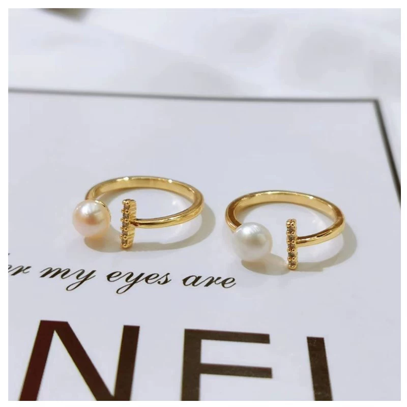 New natural freshwater pearl ring, fashionable and versatile, micro-set one-line 14k gold handcrafted open ring wholesale Item Picture