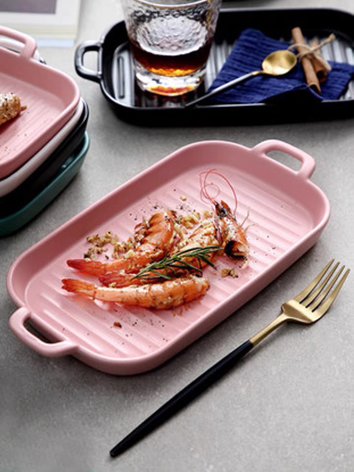 Yongsheng Ceramic Rectangular double-ear oven baking tray, creative large ceramic home fish plate, wing plate, home vegetable plate YS101 Item Picture