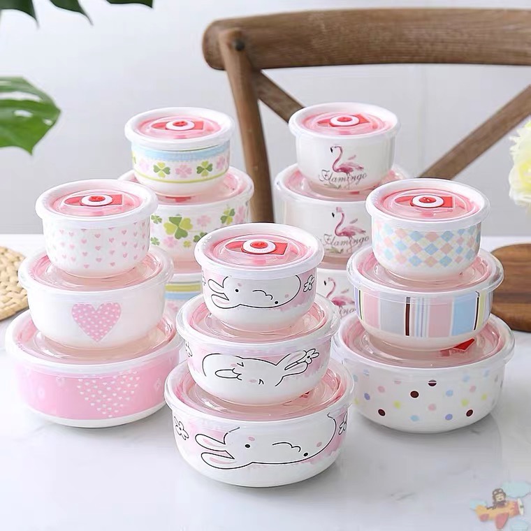 Yongsheng Ceramic bowl with lid, microwave-safe bowl, three-piece set, porcelain bowl, household lunch box set, bento box YS012 Item Picture