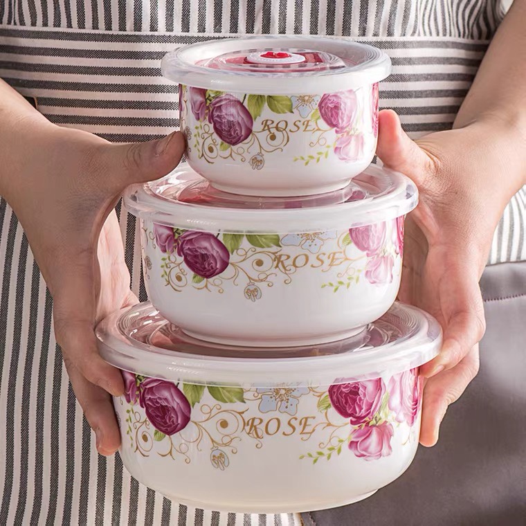 Yongsheng Ceramic bowl with lid, microwave-safe bowl, three-piece set, porcelain bowl, household lunch box set, bento box YS012 Application Scenario