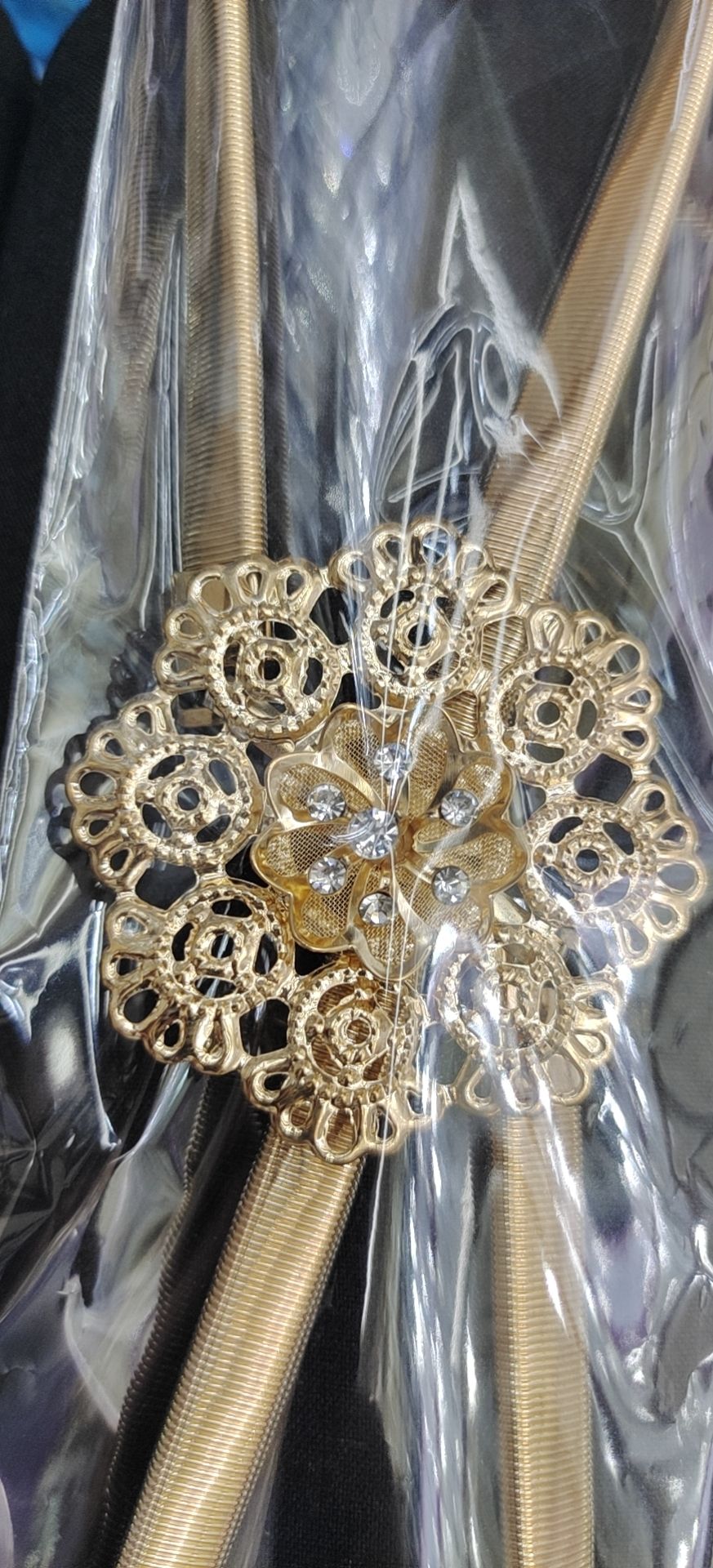 y280 golden metal rhinestone pearl leaf buckle spring elastic band paired with thin waist chain belt for pants, trendy for women 3 details Picture