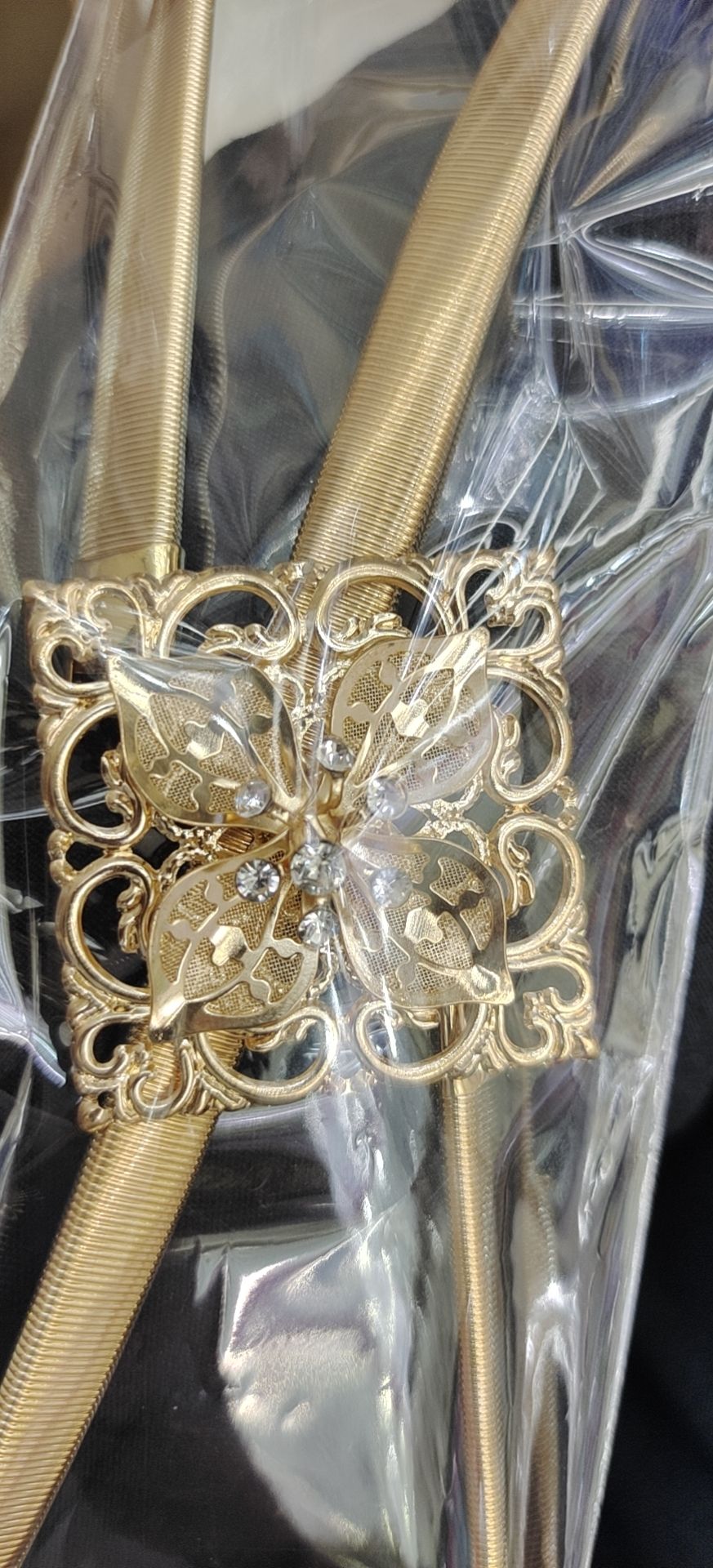 y280 golden metal rhinestone pearl leaf buckle spring elastic band paired with thin waist chain belt for pants, trendy for women 3 Specification image