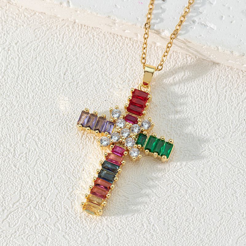 This is a cross-border bestseller from Europe and America, featuring a colorful zircon cross pendant necklace and a women's sweater chain. It exudes a niche and high-end vibe in an ins style Item Picture